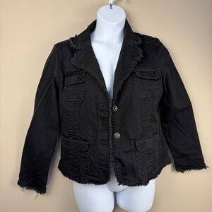 Live A Little Black Fringe Raw Hem Cotton Blend Stretchy Denim Jacket Large